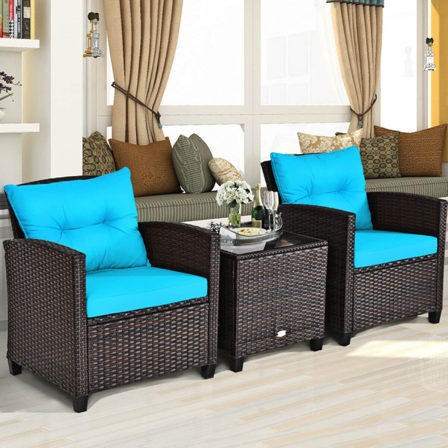 Mondawe 3 -Piece Rattan Patio Conversation Set with Blue Cushions