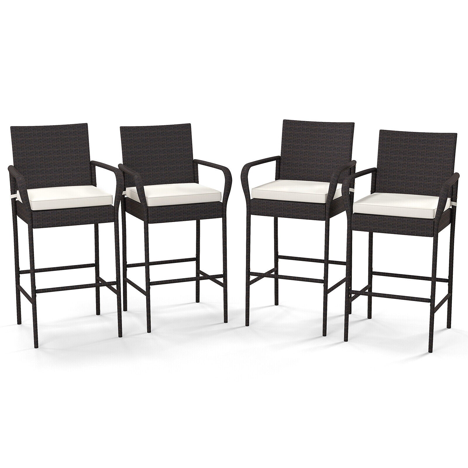 YERIVA Set of 4 Rattan Mix Brown Rattan Frame Stationary Bar Stool Chair with Off-white Cushioned Seat