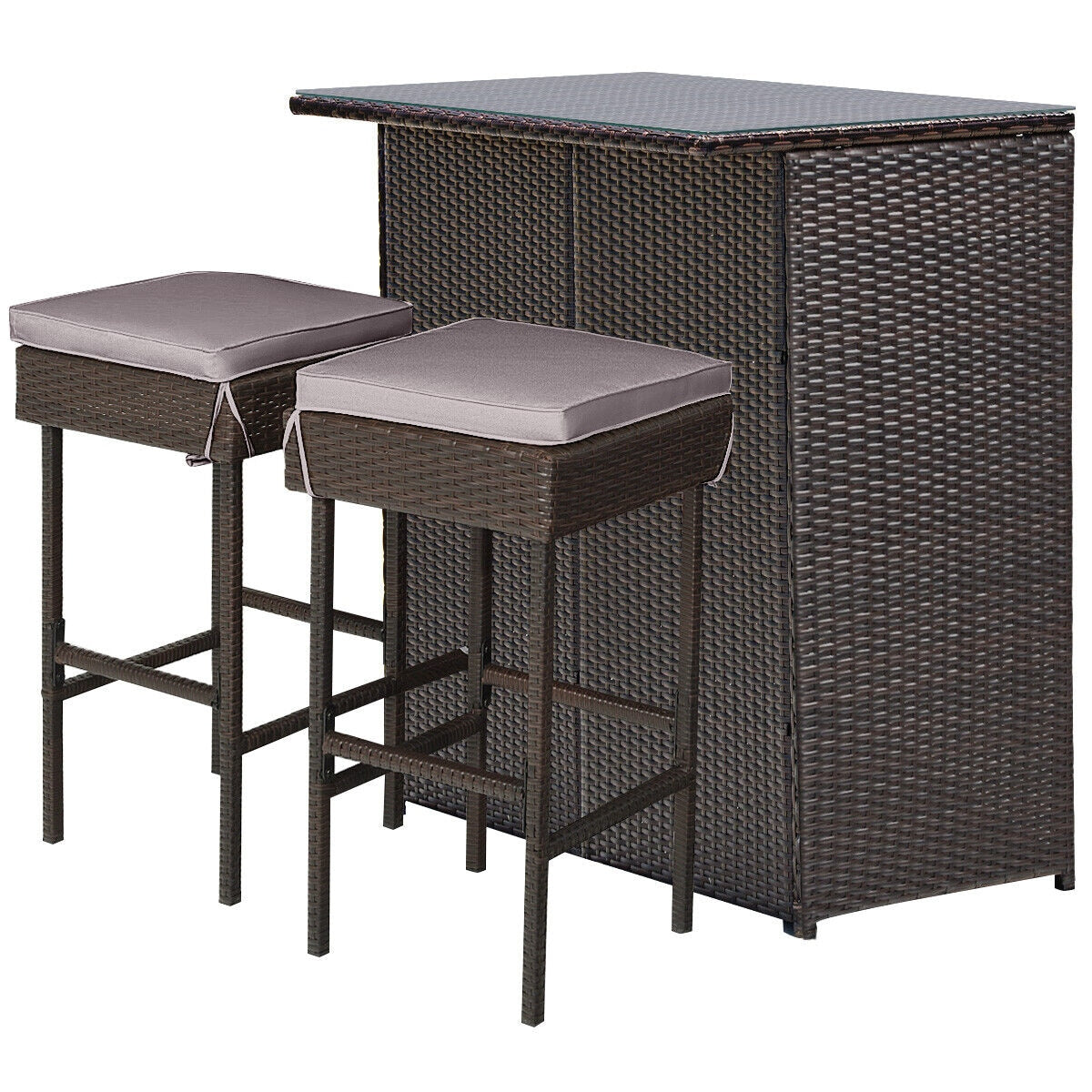 YERIVA 3 -Piece Brown Rattan Bar Height Patio Dining Set Rattan Rectangle Table with 2 Gray Cushions Stationary Chairs