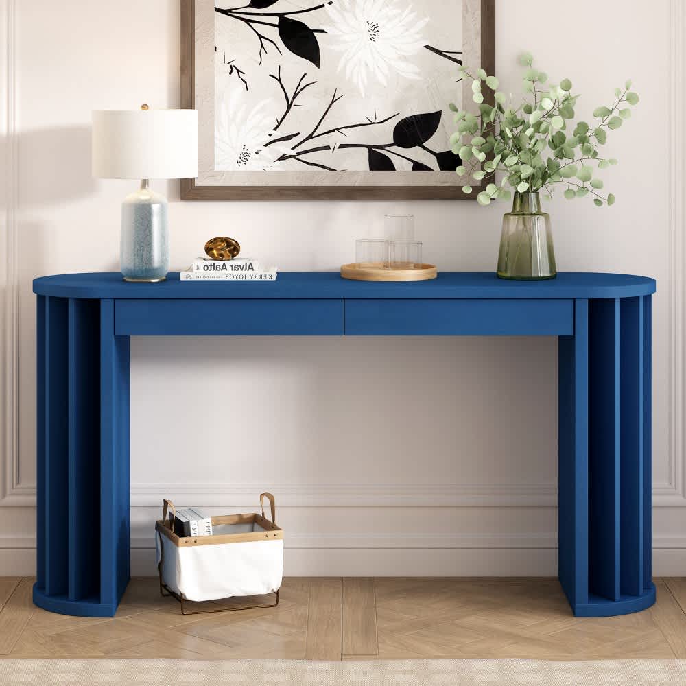 Coolbibila Blue Oak Veneer Console Table MDF Rectangular with Drawers Fan Shaped Legs for Entryway Living Room