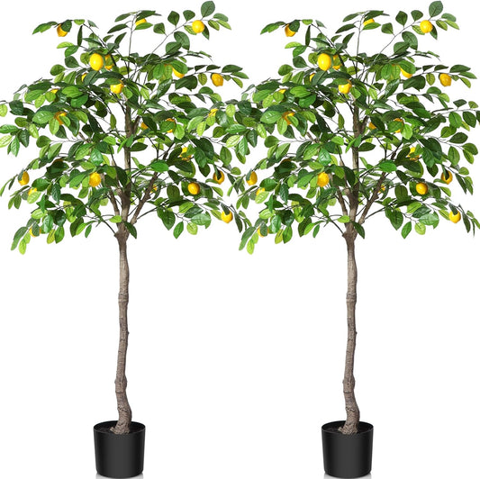 Kazeila  5ft Artificial Lemon Tree 2 Pack Fake Plant in Pot with Plastic Fruit for Indoor Home Office Decor