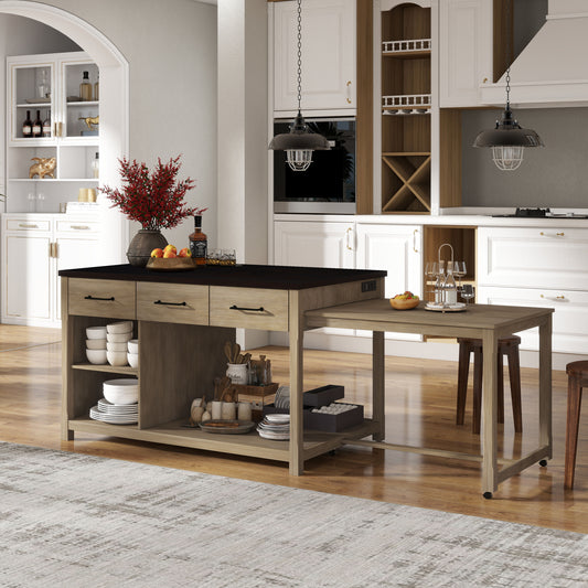 ModernLuxe Extendable Kitchen Island with Storage MultiFunctional Kitchen Cart with BuiltIn Power Outlets Retro Kitchen Island on Wheels with Drawers and Open Shelves for Kitchen EspressoNatural