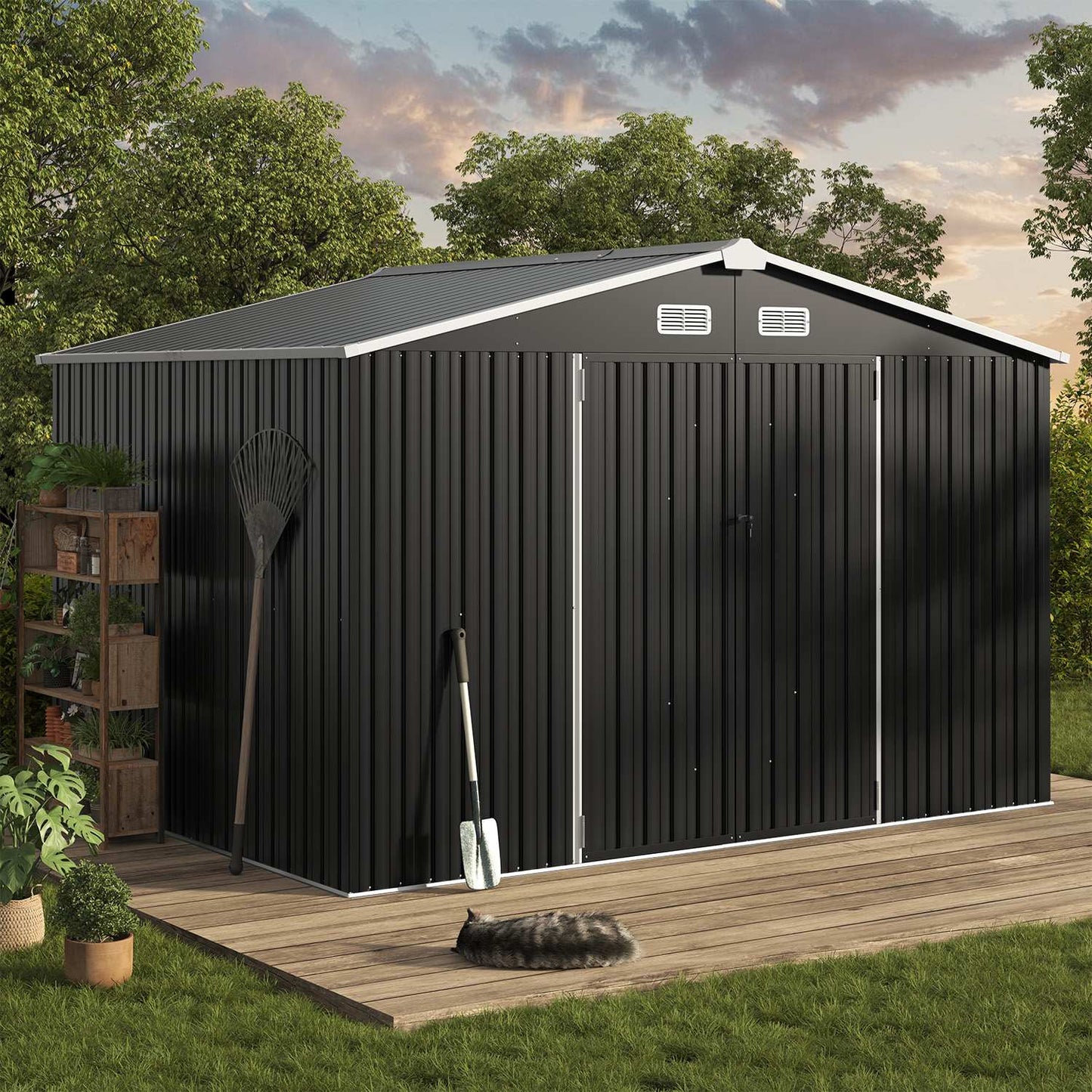 Sunmthink  10-ft x 8-ft Black Outdoor Metal Storage Shed with Double Hinged Large Lockable Door Sloped Roof for Garden Backyard Patio Utility Use