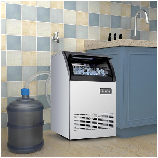 Qeetex Commercial Ice Maker 120 lb/24 Hour Ice Maker with 33 lb Storage Bin Stainless Steel Large Ice Maker Dual Water Inlet