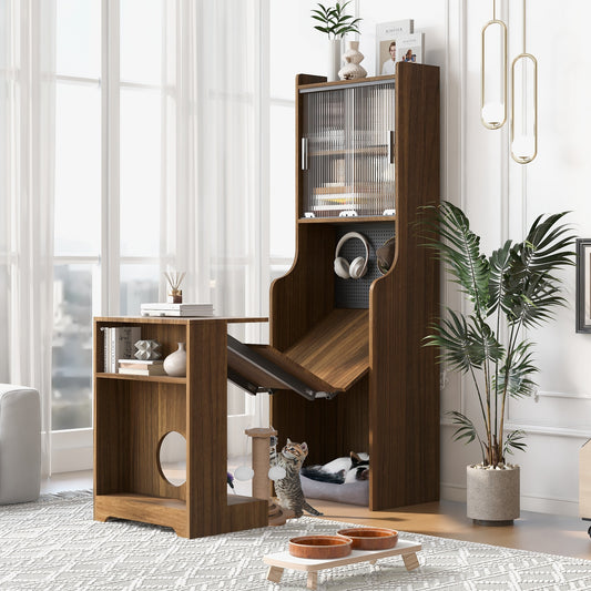ModernLuxe MidCentury Modern Walnut Vintage Multiuse Cabinet With Cat Scratcher Bed Side Cabinet with Extendable table