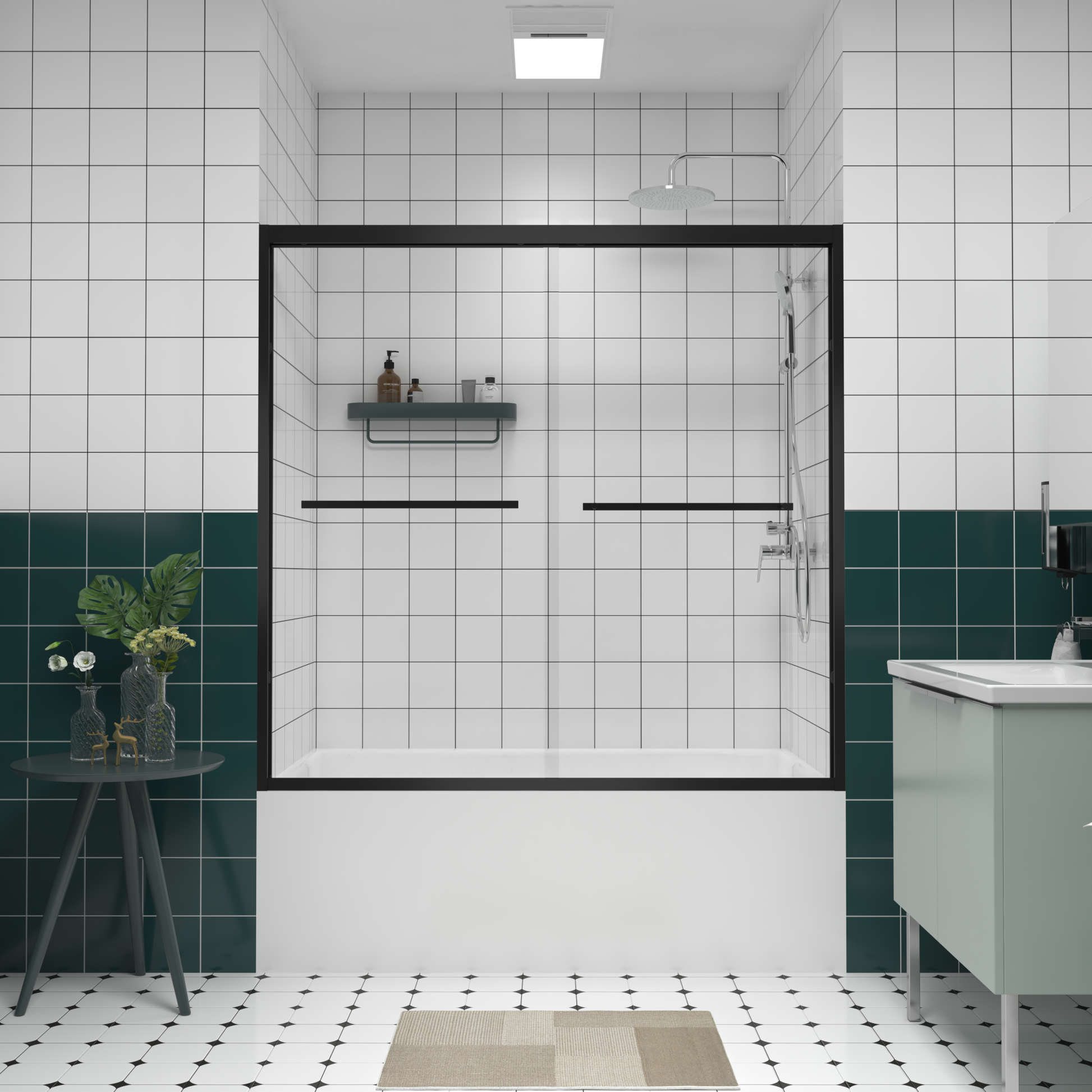 Tatayosi 56-60x58 Inches Aluminum Frame Double Sliding Bathtub Screen By pass Bathroom Sliding Door with Premium 1/4 Inches (6mm) Clear Tempered Glass Black Hardware Sliding Glass Shower Enclosure Matte Black Finished