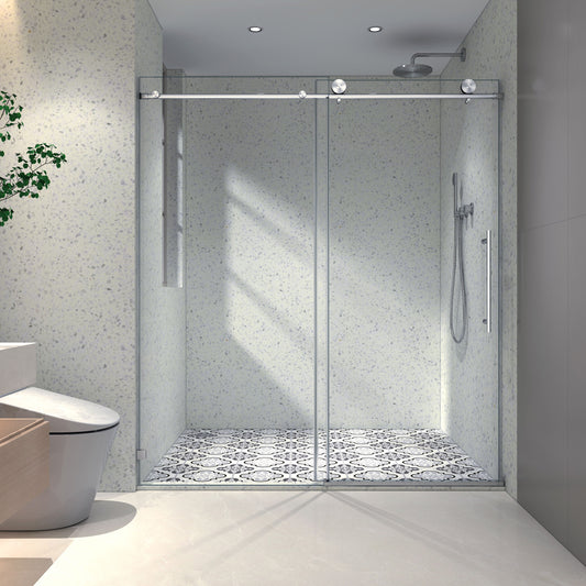 Tatayosi 6076 Brushed Nickel frameless one fixed and one shifted Shower Door 70MM 304 stainless steel large pulleys with adjustable soft closing functionnano easy cleaningstick explosion-proof menbrance