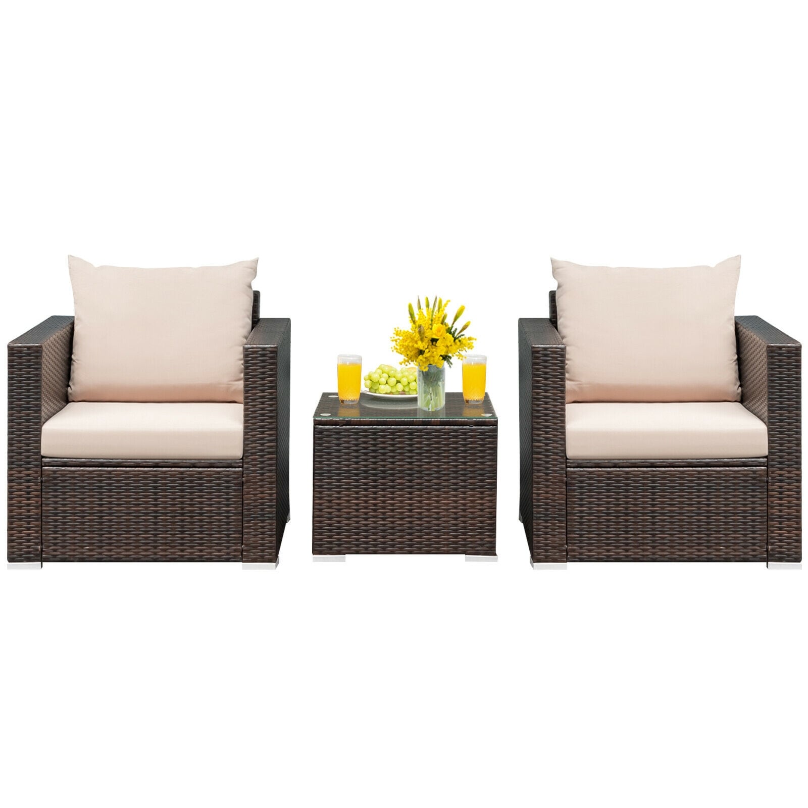 Slickblue 3-Piece Rattan 2-Sofa Patio Conversation Set with Brown Frame and Beige/Red/Turquoise/Black  Cushions Including Tempered Glass Coffee Table for Patios Gardens or Balconies
