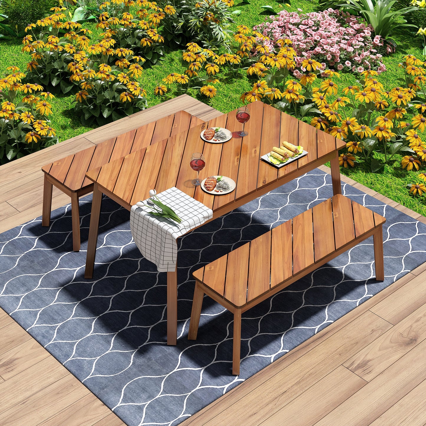 LOVMOR GO 3 Pieces Acacia Wood Table Bench Dining Set With 2 Benches Picnic Beer Table Natural