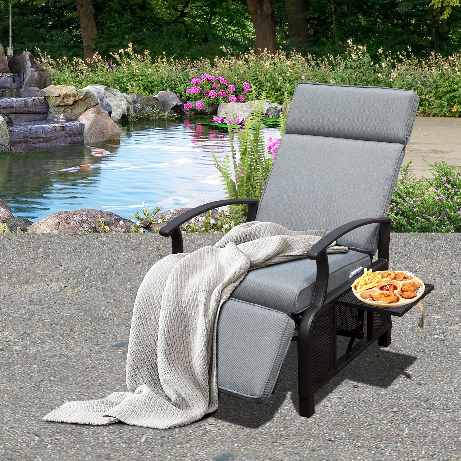 Boyel Living Metal Outdoor Recliner with Flip Table Push Back and Gray Cushions