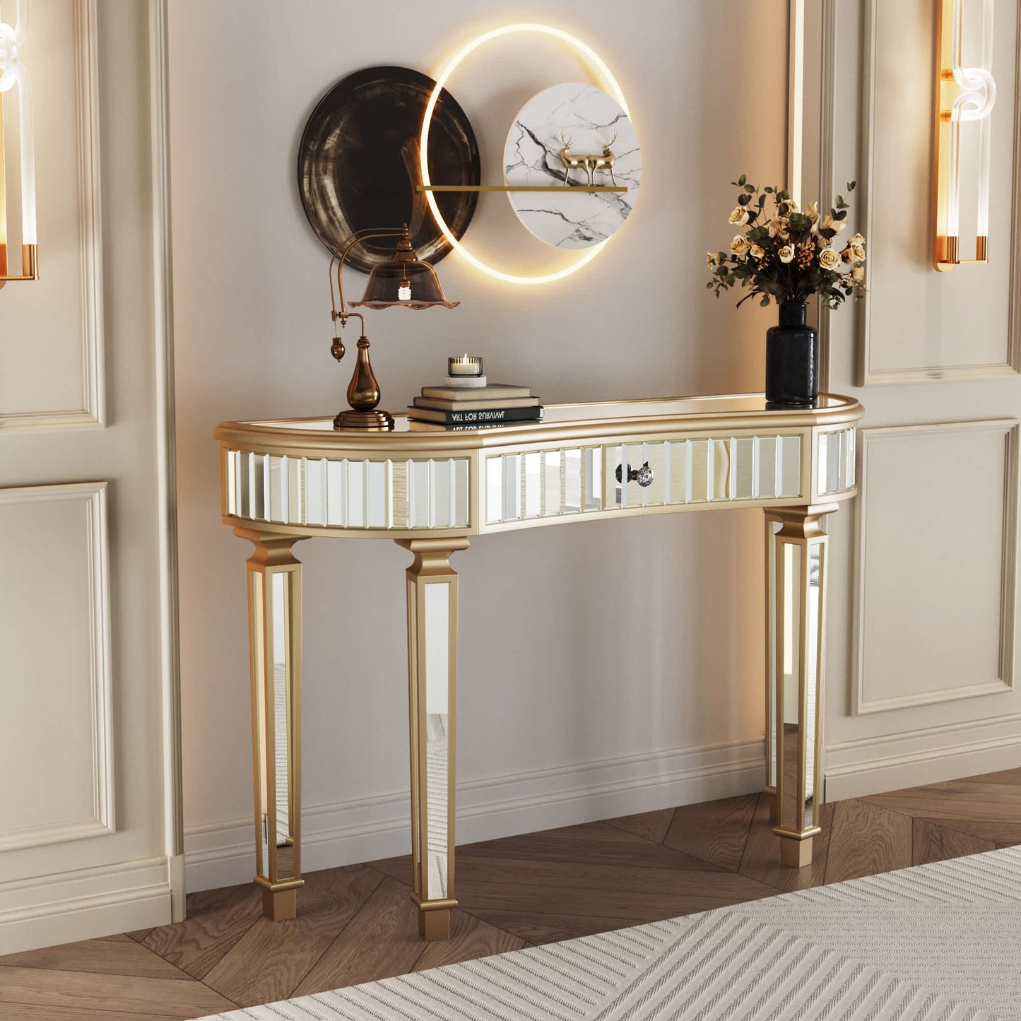 Vynxaria  47 in Half Moon Mirrored Console Table Fluted Glass Crystal Knob Drawer  Sturdy Hardwood Entryway Vanity Desk for Bedroom Gold+Silver