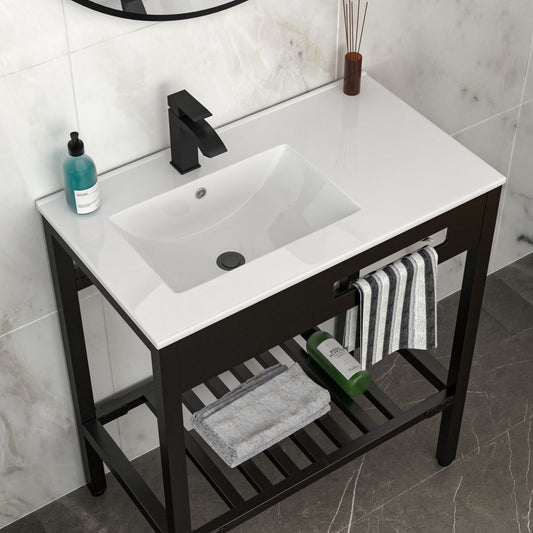 Tatayosi 32Inches x 18 1/2Inches Bathroom Ceramic Console Sink with Overflow and Black Legs