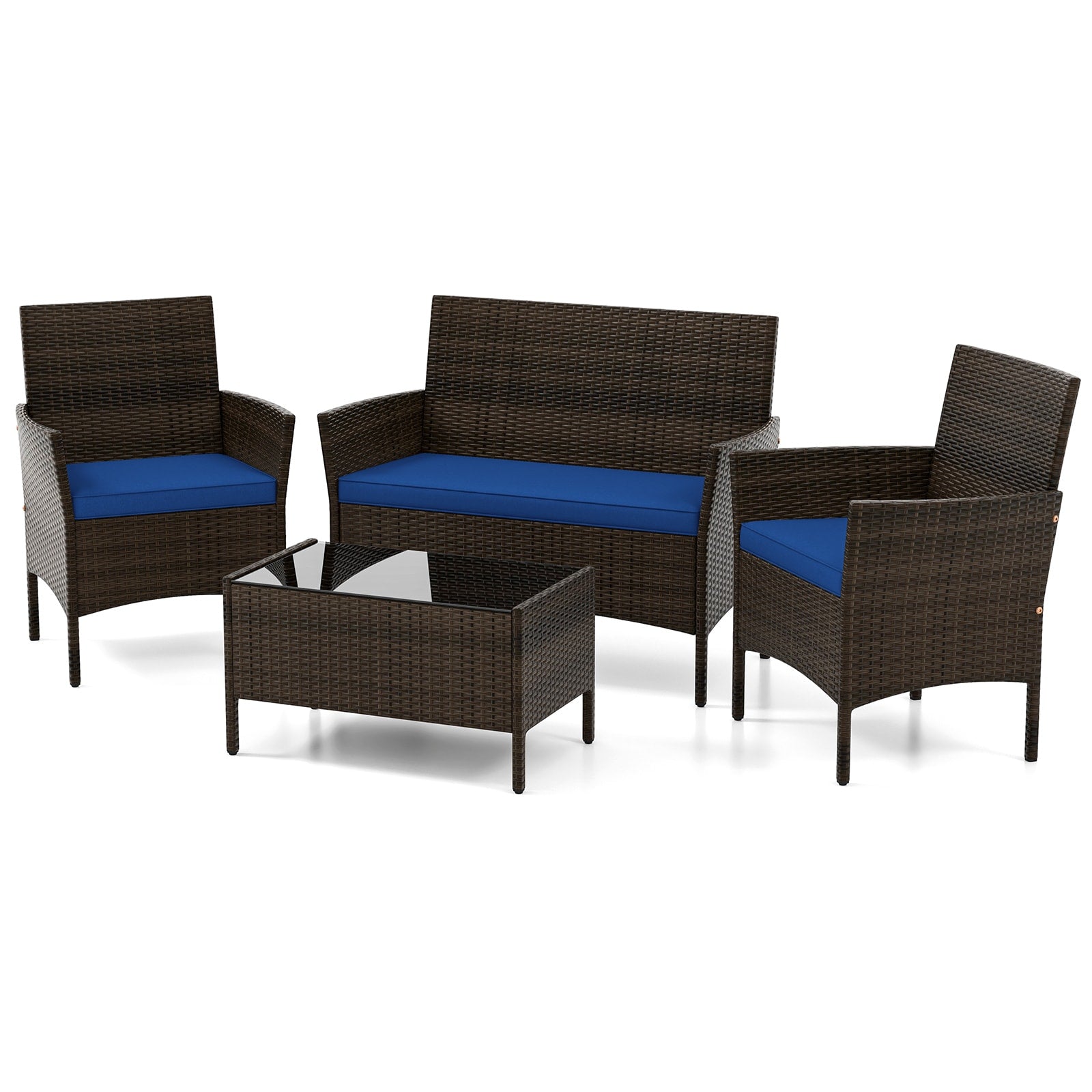 Slickblue 4-Piece Rattan Patio Conversation Set with Loveseat 2 Chairs 1 Coffee Table Beige/ Black/ Navy/ Turquoise Cushions for Backyard or Porch