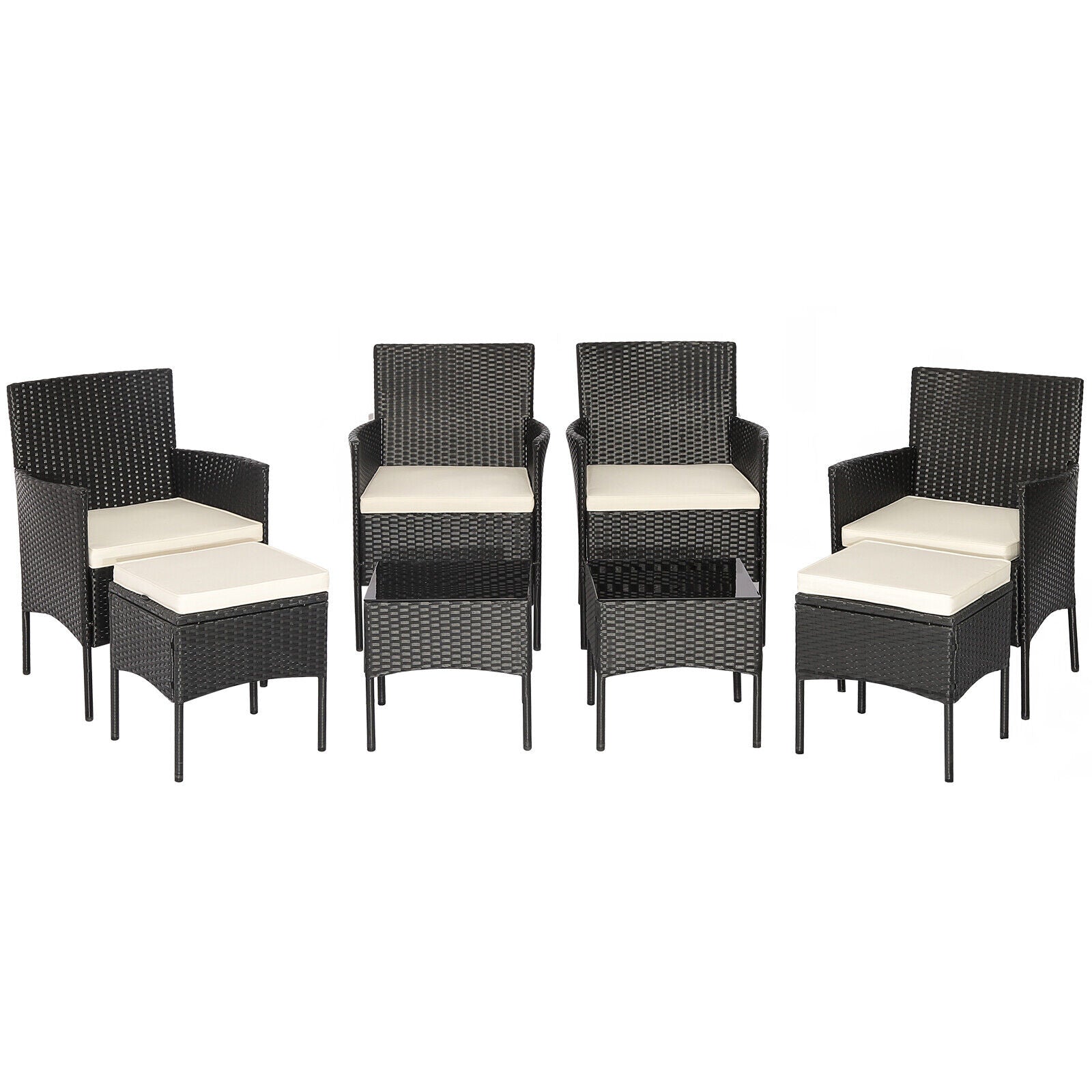 Slickblue 8-Piece Black Rattan Patio Conversation Set with 4 Chairs 2 Ottomans Off White Cushions and 2 Black Tempered Glass Tables for Backyard Poolside or Patio