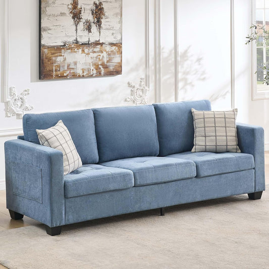 Qeetex 3 Seat Sofa Modern with Armrests Comfy with Extra Deep Seat for Living Room Bedroom Apartment and Office Chenille Blue