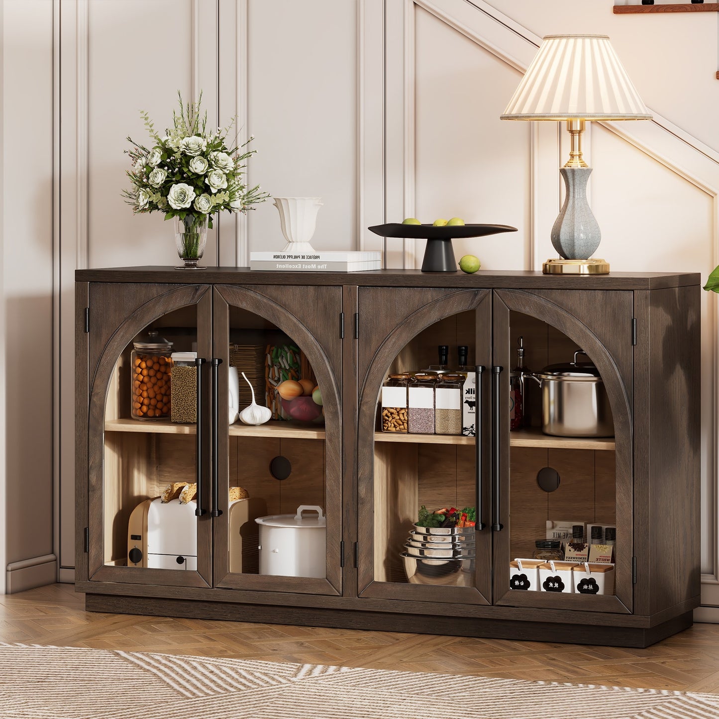 LOVMOR 4 Door Large Storage Sideboard Buffet Cabinet with Glass Doors Arched Cabinet with Adjustable Shelves for Kitchen  Dining Room and Living Room  Espresso