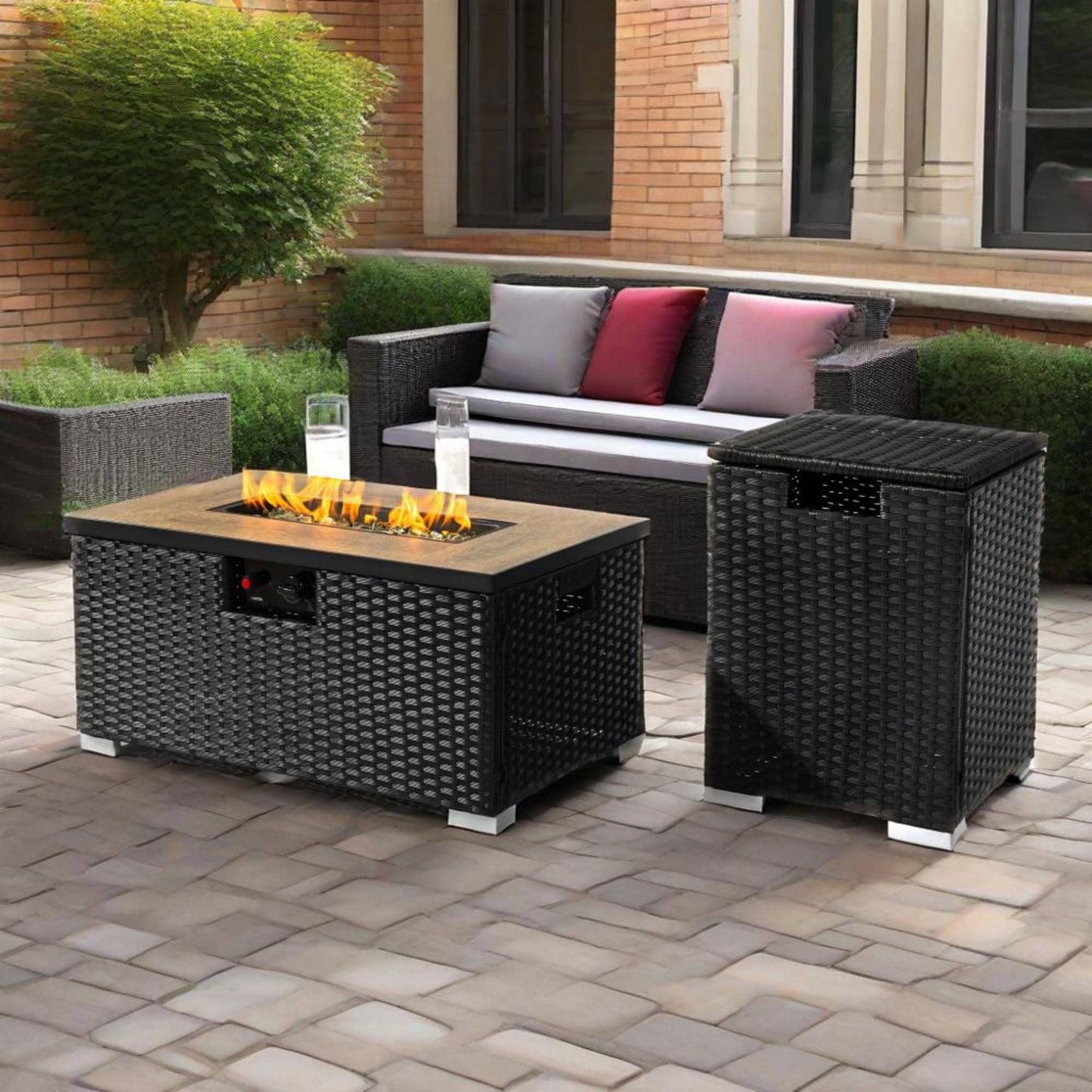 LOVMOR 32 inch Propane Gas Fire Pit Table with Propane Tank Cover 2 Pieces 50000 BTU Rectangular Steel Fire Pit Wicker Base for Outside Garden Dark Gray