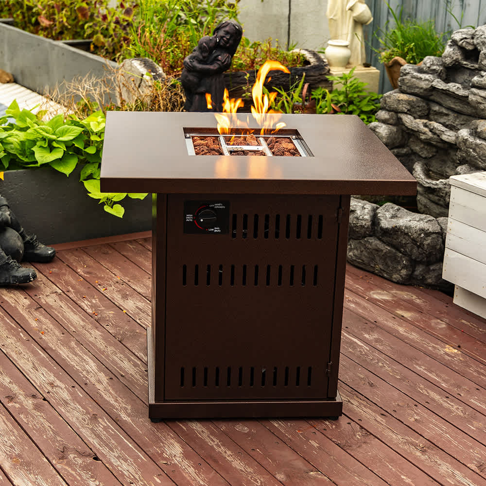 JUJABU Brown 28in Propane Gas Fire Pit Table 50000 BTU Square for Outside Patio