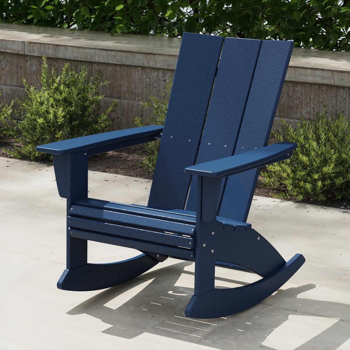 POLYWOOD Modern Adirondack Navy HDPE Frame Rocking Chair with Slat Seat