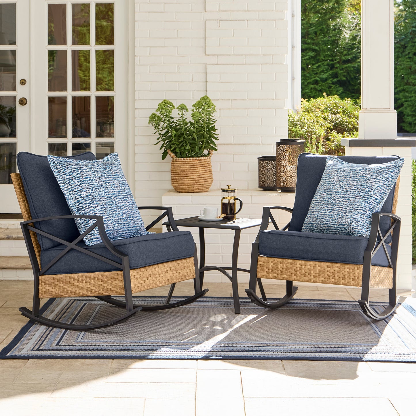 Style Selections Kenwood 3 -Piece Wicker Patio Conversation Set with Navy Cushions