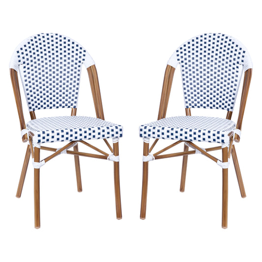 Flash Furniture Lourdes Set of 2 Indoor/Outdoor Commercial Bistro Stacking Chair; White/Gray PE Rattan Back and Seat; Bamboo Print Aluminum Frame in Natural