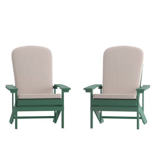 Flash Furniture Charlestown Set of 2 All-Weather Poly Resin Wood Adirondack Chairs in Green with Cream Cushions for Deck; Porch; and Patio