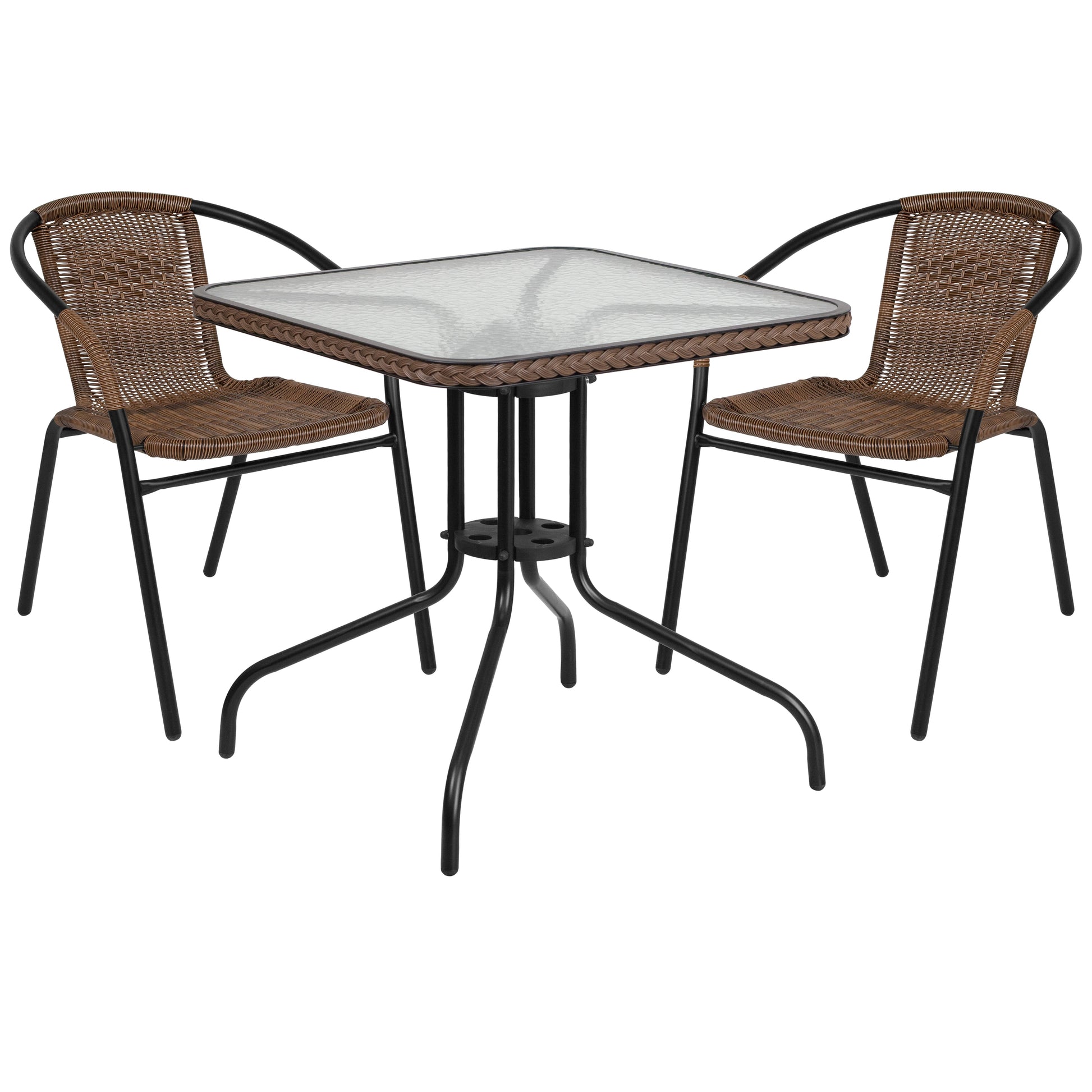 Flash Furniture Lila 28-in Square Glass Metal Table with Dark Brown Rattan Edging and 2 Dark Brown Rattan Stack Chairs