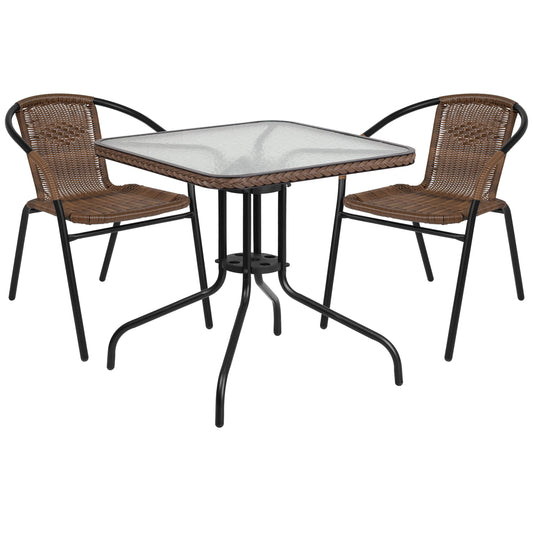 Flash Furniture Lila 28-in Square Glass Metal Table with Dark Brown Rattan Edging and 2 Dark Brown Rattan Stack Chairs