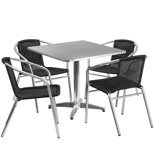 Flash Furniture Lila 31.5-in Square Aluminum Indoor-Outdoor Table Set with 4 Black Rattan Chairs