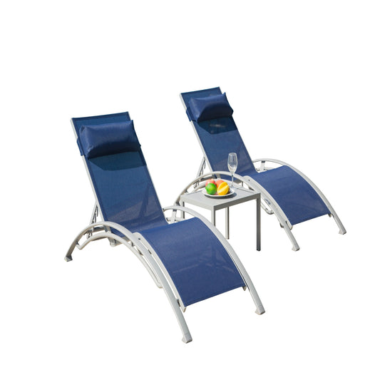 GDFStudio Modern Pool Set of 3 Aluminum Adjustable Outdoor Chaise Lounge with Side Table Blue