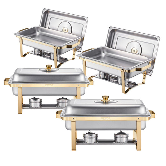 8 Qt 4 Pack Chafing Dish Buffet Set Full Size Rectangle Stainless Steel Catering Warmers with Gold Finish, Folding Frame, Lid Holder, and Meal Clip for Party Events and Weddings