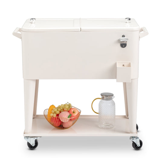 80 Quart Cooler with Wheels, Portable Patio Party Bar Outdoor Cooler Cart, with Shelf, Beverage Pool and Bottle Opener, White