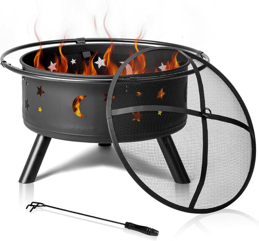 30 Inch Portable Fire Pit for Patio, Backyard, Garden, Fire Pits for Outside Wood Burning with Lid & Poker, Outdoor Firepit & Round Metal Firepit for Camping, Heating, Bonfire & Picnic