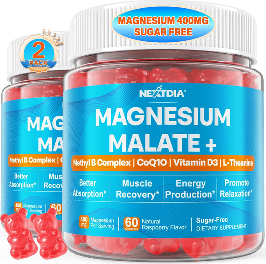 Magnesium Malate Gummies - Magnesium 400mg, L-5-MTHF Folate 680mcg, Methyl B12, B6, L-Theanine & CoQ10 - Sugar Free Methylated Magnesium Complex for Women Men, Methylation, Energy, Muscle & Calm,2Pack