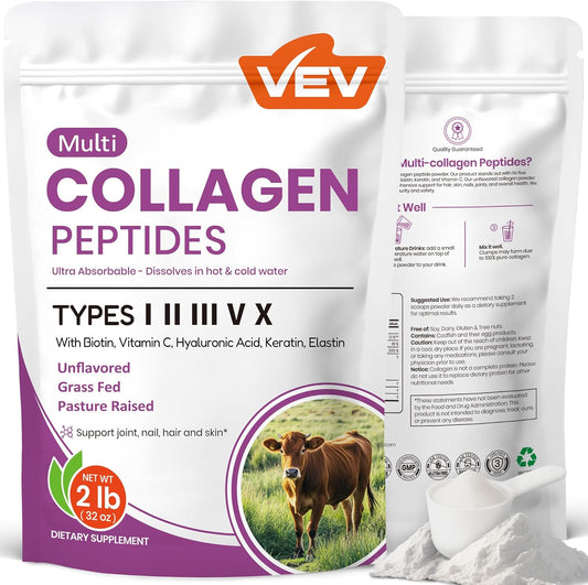 VEV Multi Collagen Peptides Powder Complex (I, II, III, V, X) 2LB \u2013 No Flavor, Hydrolyzed Protein Peptides, Elastin, Keratin