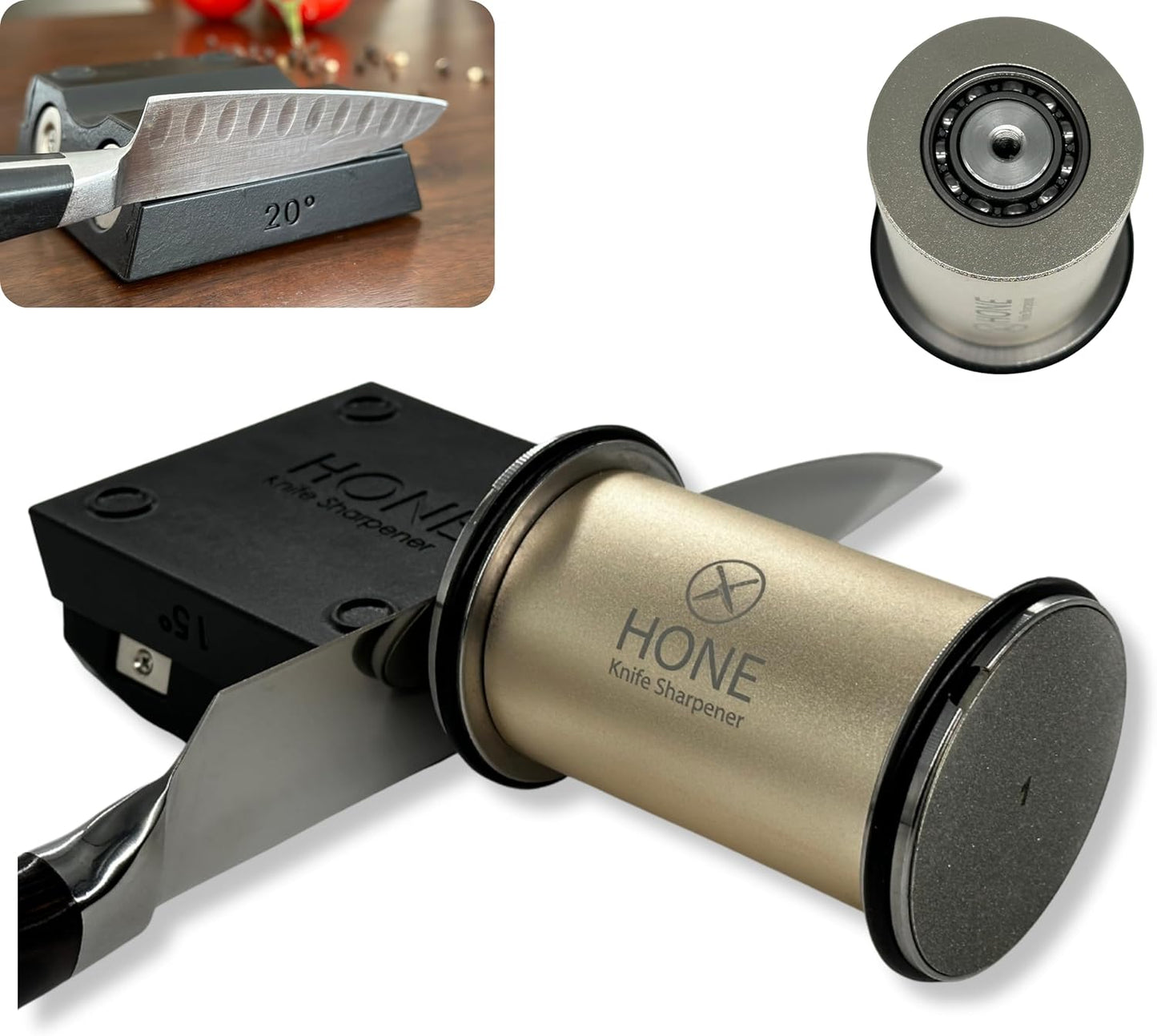 𝗛𝗢𝗡𝗘 Knife Sharpener: Engineered in Canada, Knife Blade Repair and Restoration Tool with Ball Bearings and Detachable Dual-Sided Diamond Sharpening Plates.