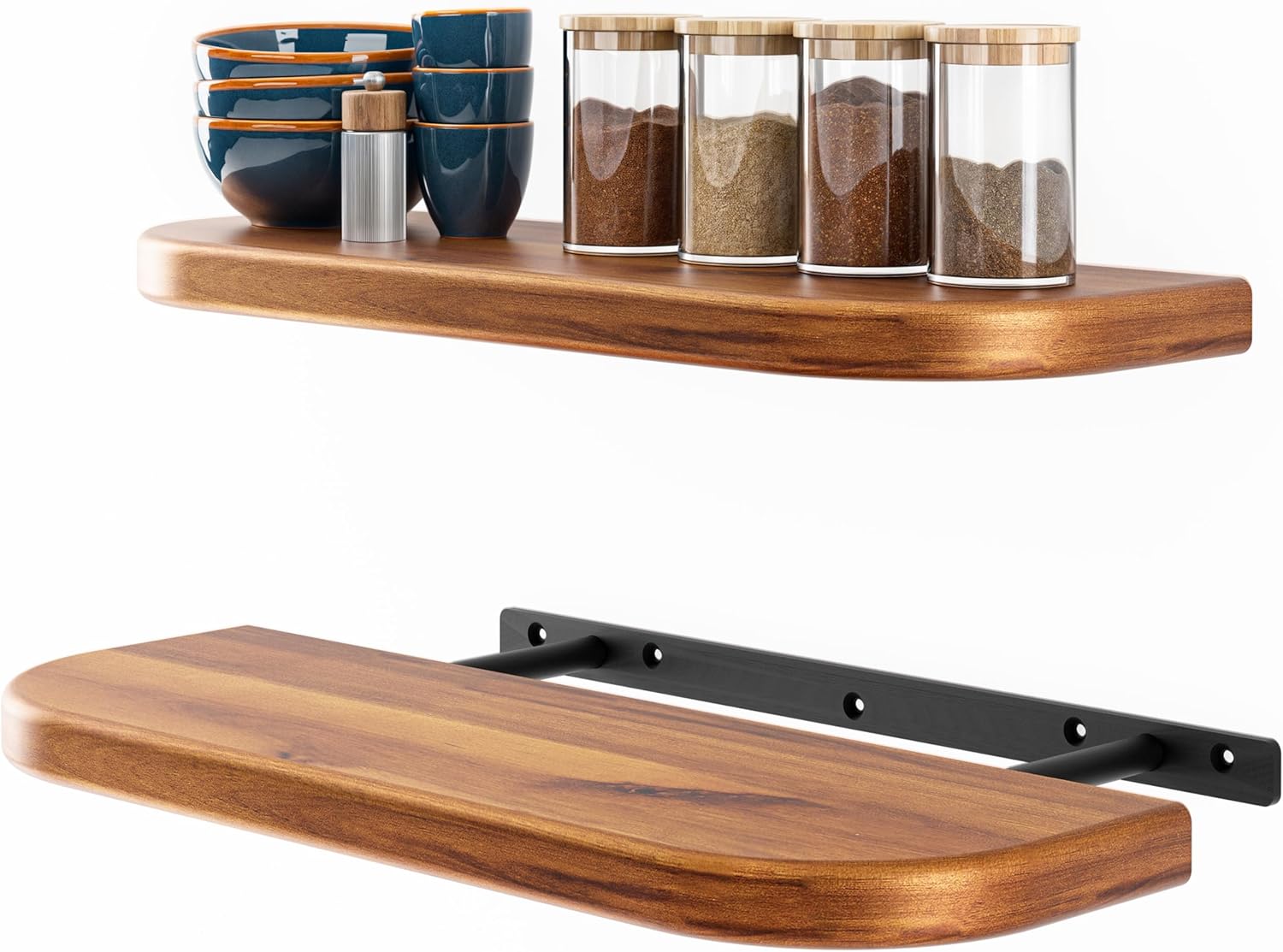 17" Acacia Wood Floating Shelves Wall Mounted (Round Edge) \u2013 Rustic Farmhouse Wooden Wall Storage Shelf for Bedroom, Kitchen - Brackets and Shelving Hardware Included (Acacia, 17 Inch Length)