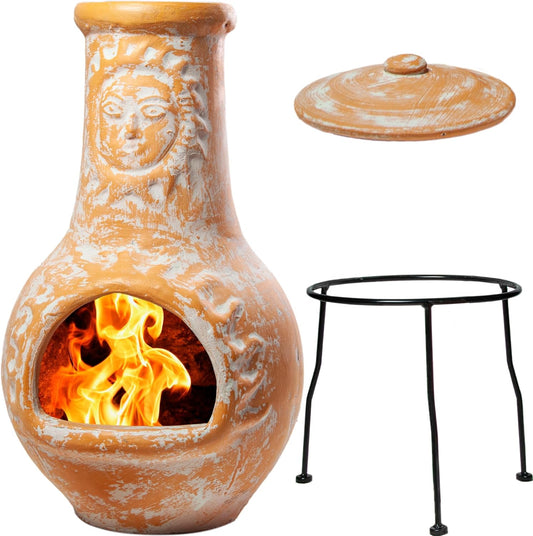 Wiosi Medium 𝗖𝗵𝗶𝗺𝗶𝗻𝗲𝗮 Outdoor Fireplace Clay Chimineas with Chimney Rain Lids and Solid Metal Stands - Yellow Terracotta Chimenea - Rustic Fire Pit Chimnea 16 x 16 x 32-inch