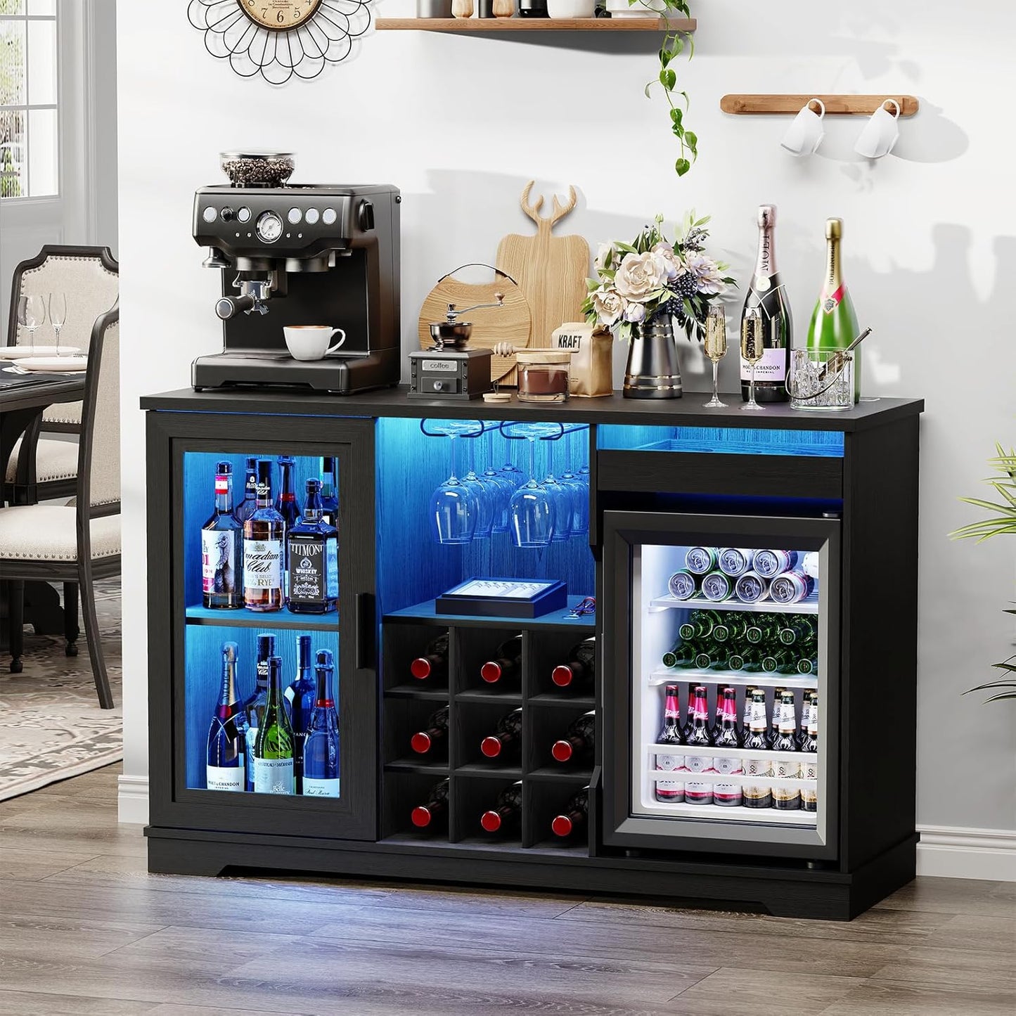 BROTTAR Wine Bar Cabinet with Fridge (Included), Liquor Coffee Cabinet with LED Lights & Rack, Mini Fridge Cabinet with Storage, Human Body Sensor, Sideboard Buffet for Kitchen Dining Room, Black