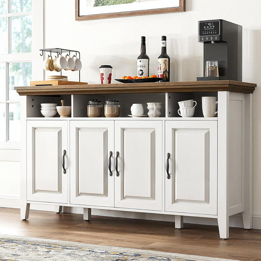 Marsail Sideboard Buffet Cabinet with Storage, 55" Farmhouse Kitchen Buffet Bar Table 4 Door Storage Cabinets for Dining Room Furniture, Wood White