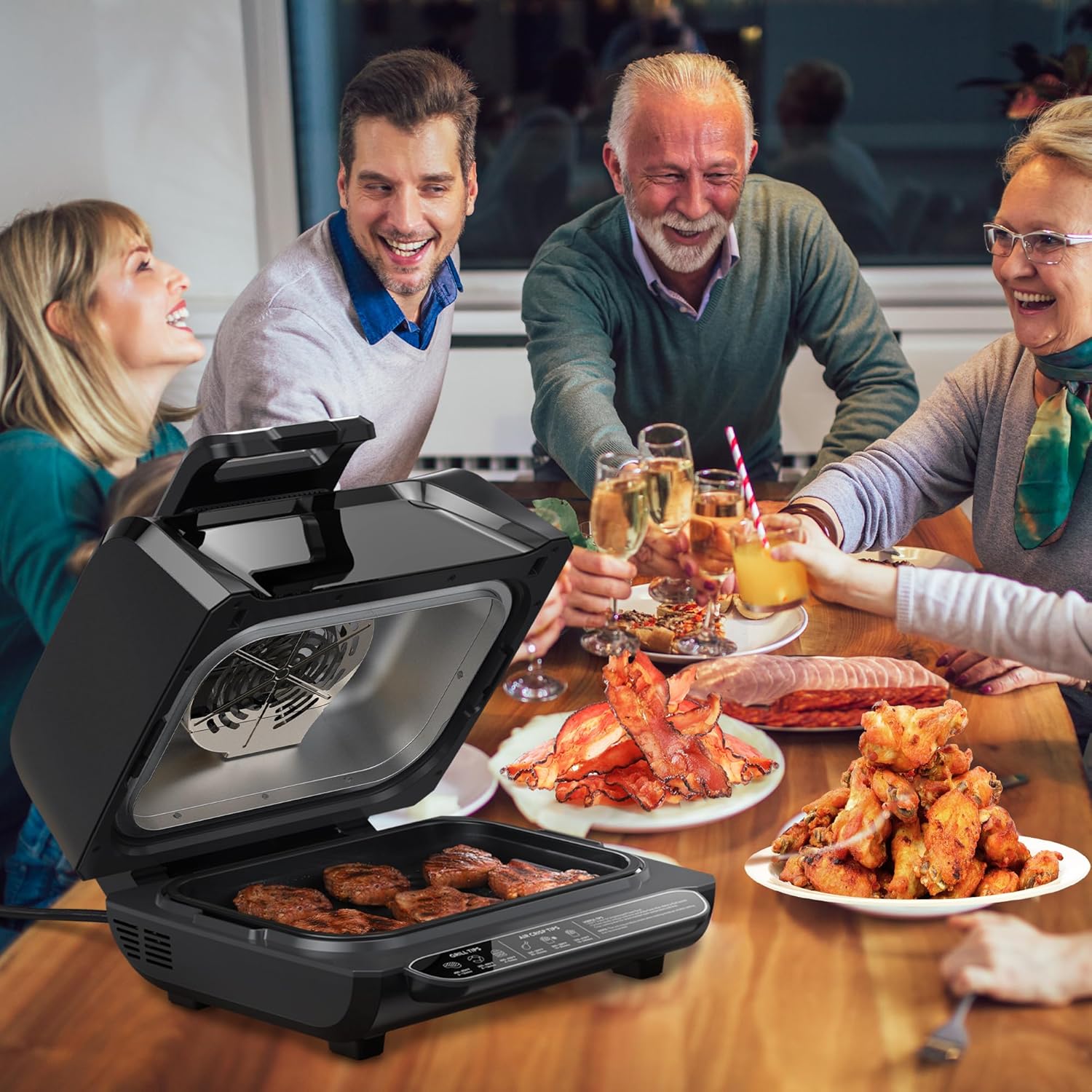 7-in-1 Smokeless Indoor Grill & Air Fryer Combo w/See-Through Window,1750W Electric Grill Griddle,Non-Stick Removable Plates, Even Heating,4QT Capacity,Includes Silicone Tongs & Accessories
