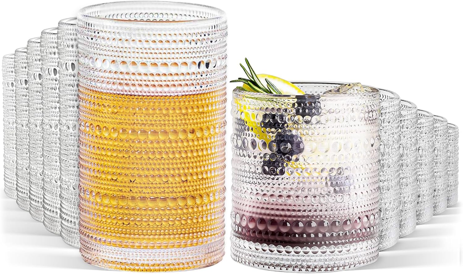 GOROGILE Hobnail Drinking Glasses Set of 12, 12 oz Highball Glassware & 10 oz Cocktail Glasses, Vintage Embossed Beaded Glass Cups for Kitchen,Beer,Soda, Whiskey,and Beverages,Dishwasher Safe