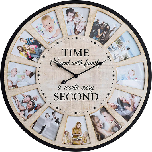 JUMBO HUMBLE 12 Photo Collage Rustic Wood Farmhouse Wall Clock, Large Family Picture Wall Clock for Living Room, Home, Kitchen, Silent Battery Powered 24 Inch Natural