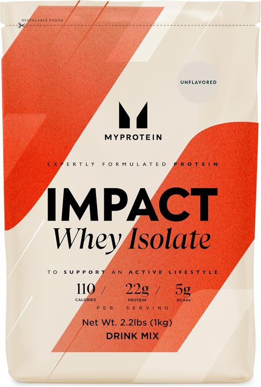 Myprotein Impact Whey Protein Isolate, 2.2 Lbs (40 Servings) Unflavored, 22g Protein, 3.5g Glutamine & 4.5g BCAA Per Serving, Shake for Muscle Strength & Recovery
