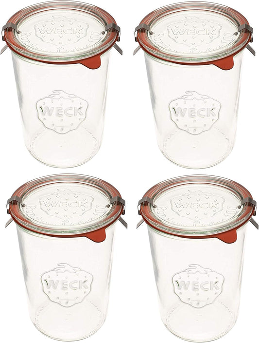 Weck Canning Jars 743-28.7 fl. oz Weck Mold Jars made of Transparent Glass Jar - Food Storage Containers with Lids Airtight - 3/4 Liter Tall Jars Set - Set of 4 Jars with Lids