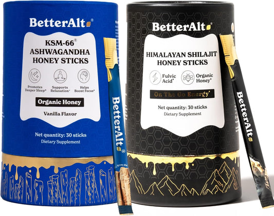 Better Alt Ashwagandha & Shilajit Honey Sticks 2 Pack| Pure Himalayan Shilajit Organic Multiflora Honey & Saffron|60 Sticks|Energy & Immune Support Supplement