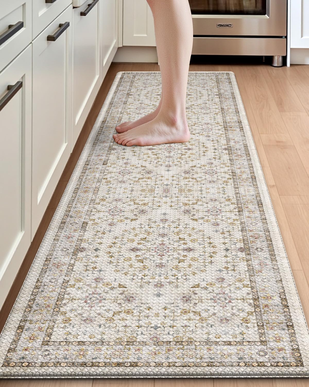 DEXI Kitchen Floor Mats Cushioned Anti Fatigue, 23x86 Long Wide Standing Comfort Runner Rug, Waterproof Retro Floral Memory Foam Padded for Front Sink Laundry, Beige\/Ivory
