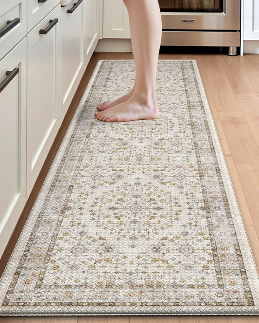 DEXI Kitchen Floor Mats Cushioned Anti Fatigue, 23x86 Long Wide Standing Comfort Runner Rug, Waterproof Retro Floral Memory Foam Padded for Front Sink Laundry, Beige\/Ivory