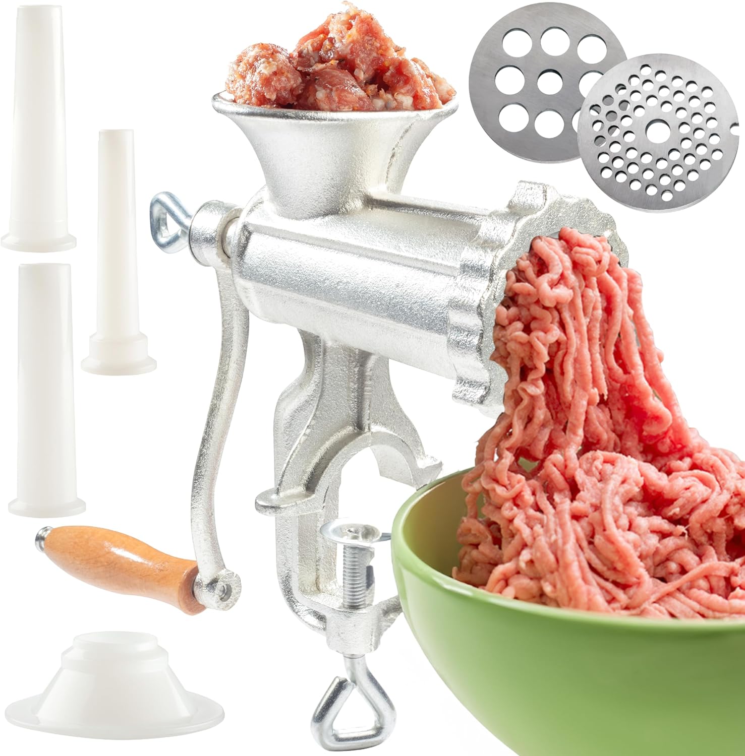 Meat Grinder w Tabletop Clamp & 2 Cutting Disks, Cast Iron Heavy Duty Sausage Maker & Manual Meat Mincer- Homemade Burger Patties, Ground Beef & More, Portable Cooking, Easy to Use, Kitchen Essential