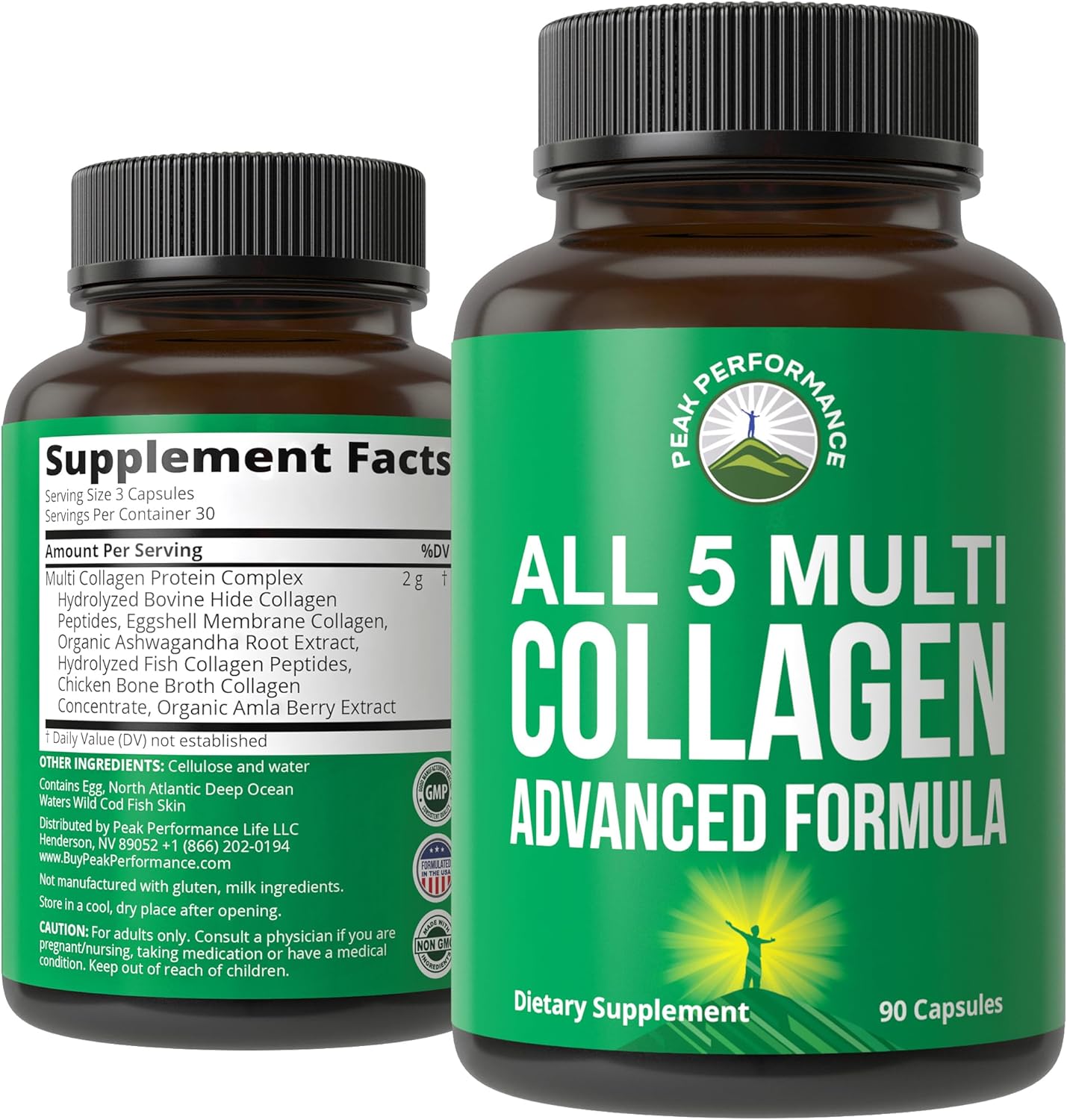 Peak Performance All 5 Multi-Collagen Capsules 90 Pills of Grass Fed Peptides Protein. with All 5 Collagen Types I, II, III,V, X. Grass Fed Beef, Fish, Chicken, Bone Broth Supplement